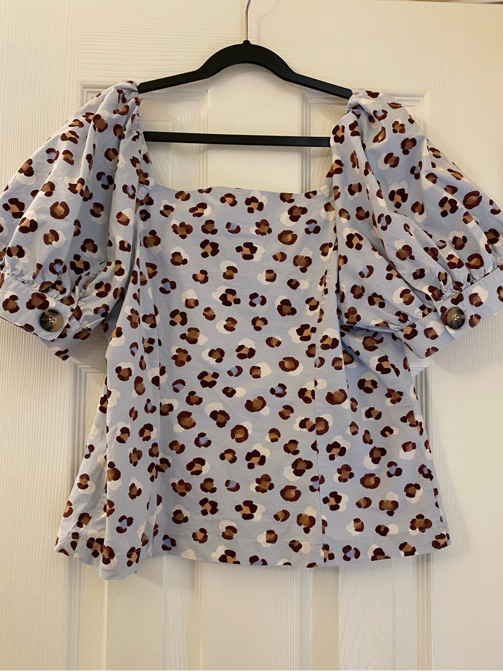 Ann Taylor Light Blue Puff-Sleeve Leopard Spot Blouse